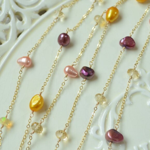 Long Pearl and Gemstone Wrap Necklace in Gold - Picture 6 of 10